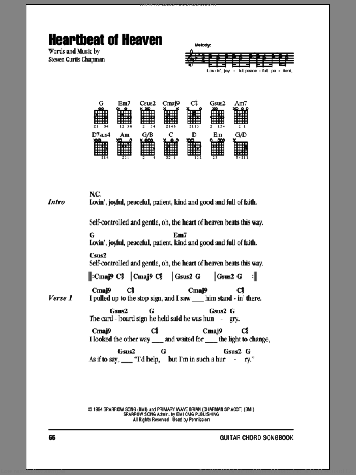 Heartbeat Of Heaven sheet music for guitar (chords) by Steven Curtis Chapman, intermediate skill level