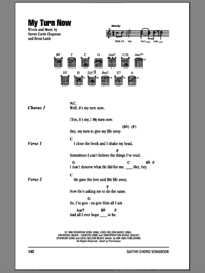 My Turn Now sheet music for guitar (chords) by Steven Curtis Chapman and Brent Lamb, intermediate skill level