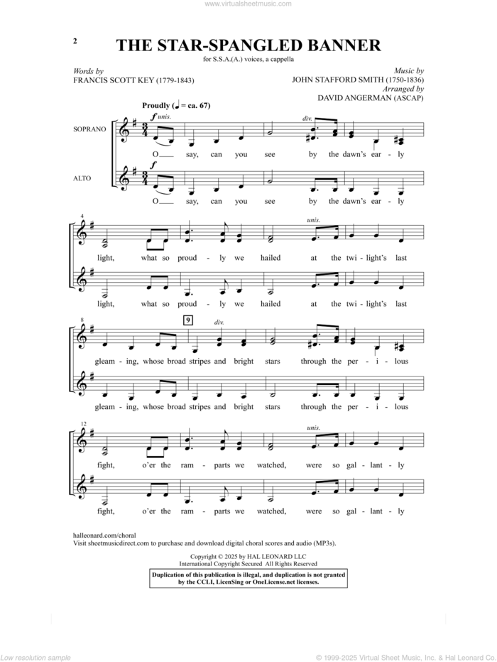 The Star-Spangled Banner (arr. David Angerman) sheet music for choir (SSAA: soprano, alto) by John Stafford Smith, David Angerman and Francis Scott Key, intermediate skill level
