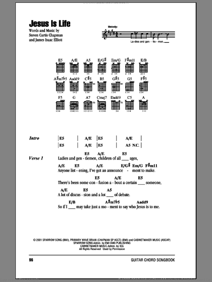 Jesus Is Life sheet music for guitar (chords) by Steven Curtis Chapman and James Isaac Elliott, intermediate skill level