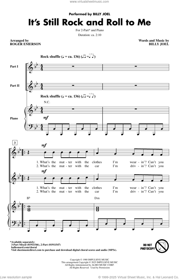 It's Still Rock And Roll To Me (arr. Roger Emerson) sheet music for choir (2-Part) by Billy Joel and Roger Emerson, intermediate duet