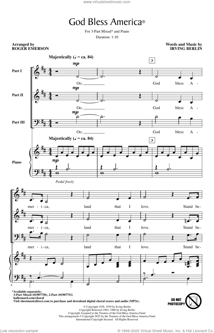 God Bless America (arr. Roger Emerson) sheet music for choir (3-Part Mixed) by Irving Berlin and Roger Emerson, intermediate skill level