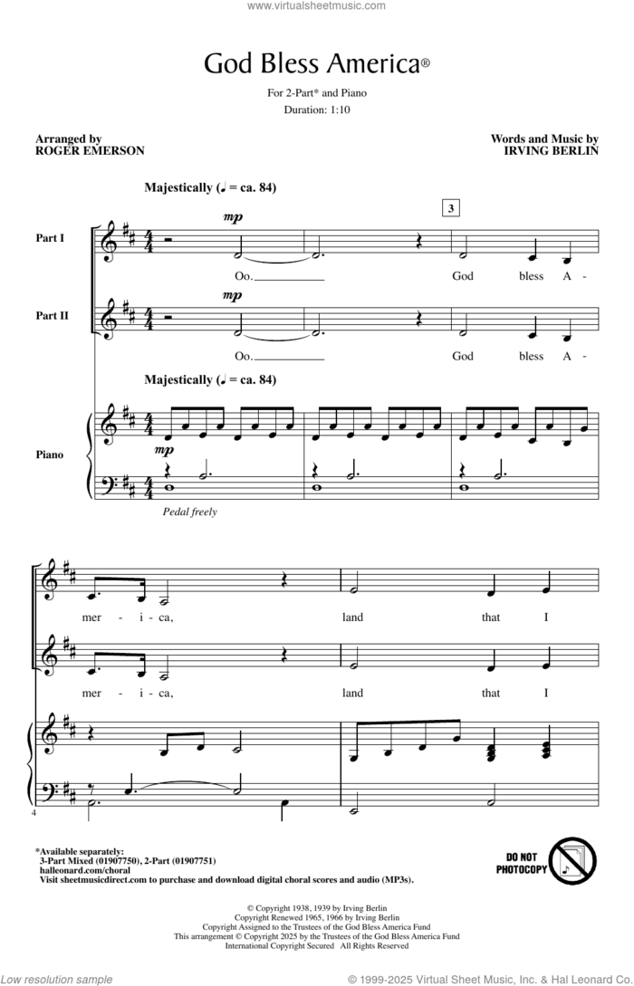 God Bless America (arr. Roger Emerson) sheet music for choir (2-Part) by Irving Berlin and Roger Emerson, intermediate duet