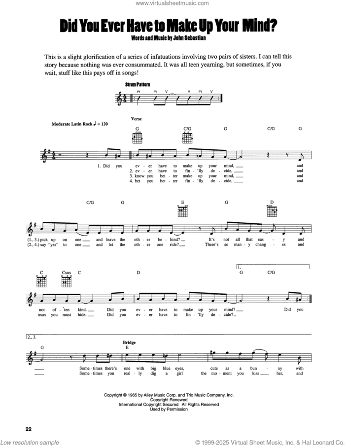 Did You Ever Have To Make Up Your Mind? sheet music for guitar solo (chords) by John Sebastian, easy guitar (chords)