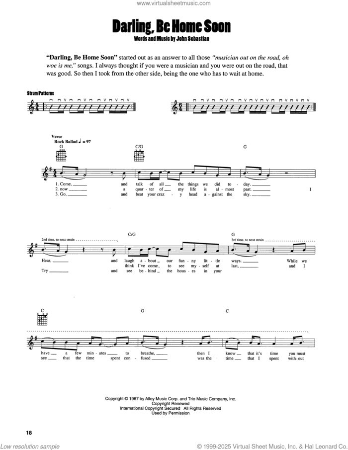 Darling, Be Home Soon sheet music for guitar solo (chords) by John Sebastian, easy guitar (chords)
