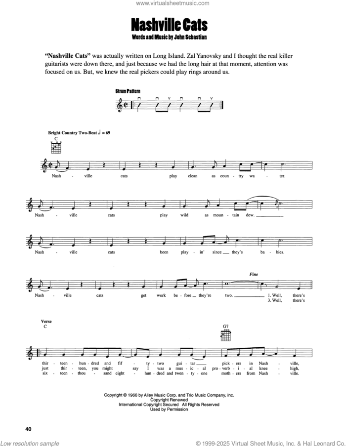 Nashville Cats sheet music for guitar solo (chords) by John Sebastian, easy guitar (chords)