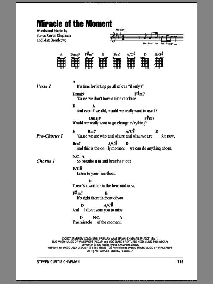 Miracle Of The Moment sheet music for guitar (chords) by Steven Curtis Chapman and Matt Bronleewe, intermediate skill level