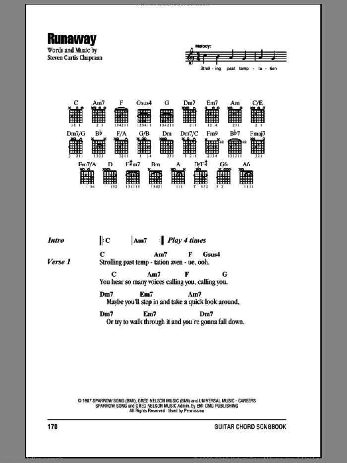 Runaway sheet music for guitar (chords) by Steven Curtis Chapman, intermediate skill level