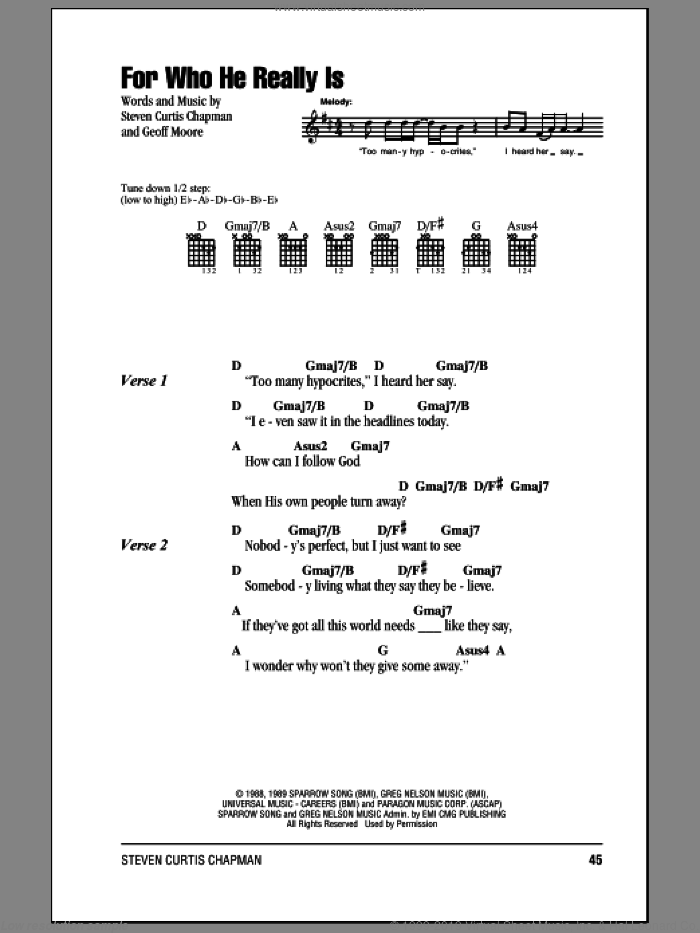 For Who He Really Is sheet music for guitar (chords) by Steven Curtis Chapman and Geoff Moore, intermediate skill level