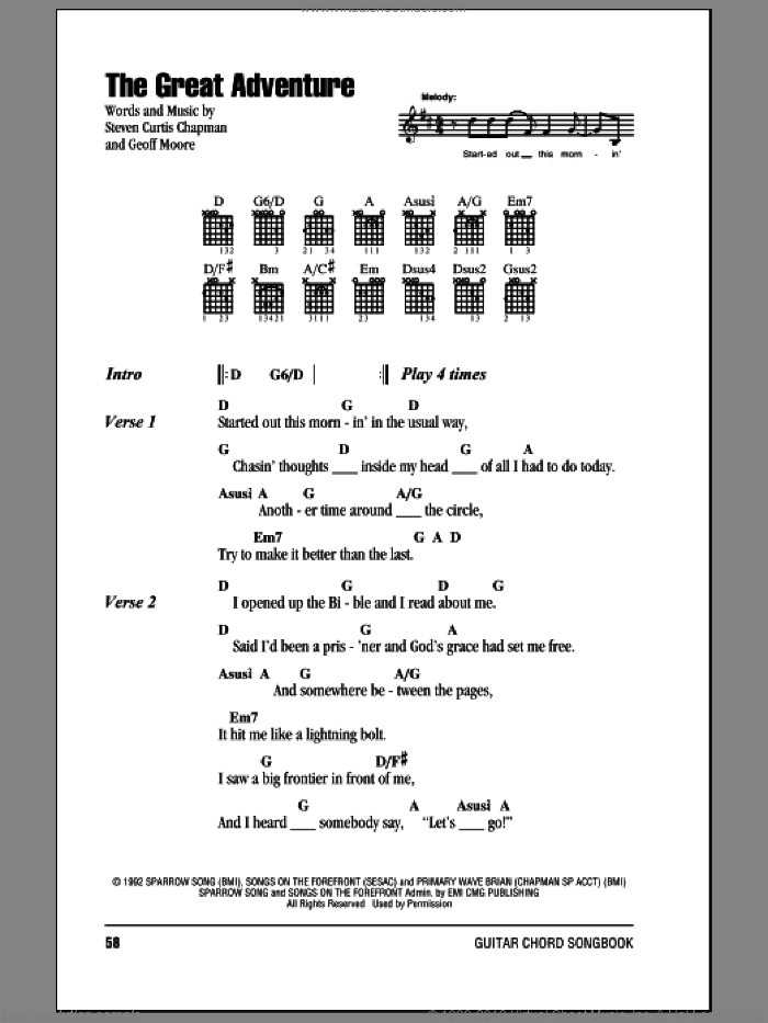 The Great Adventure sheet music for guitar (chords) by Steven Curtis Chapman and Geoff Moore, intermediate skill level