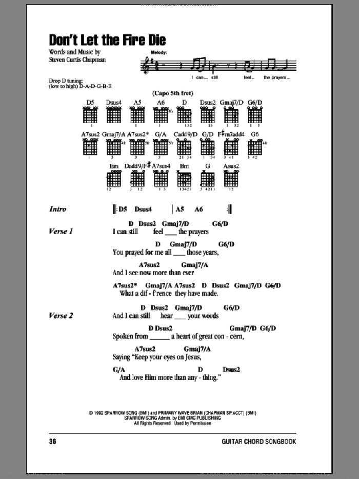 Don't Let The Fire Die sheet music for guitar (chords) by Steven Curtis Chapman, intermediate skill level