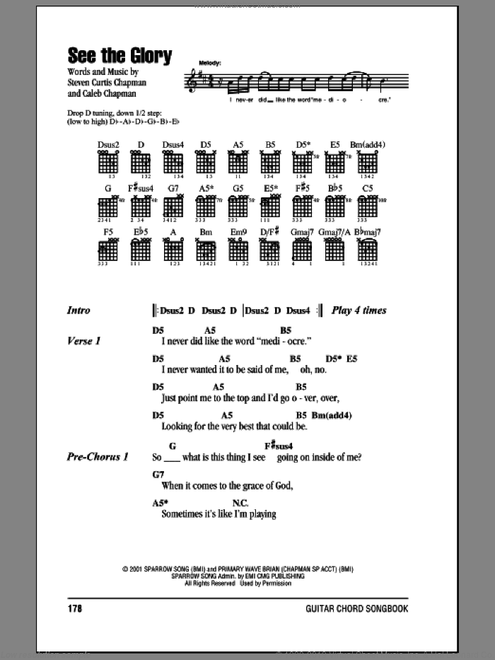 See The Glory sheet music for guitar (chords) by Steven Curtis Chapman and Caleb Chapman, intermediate skill level
