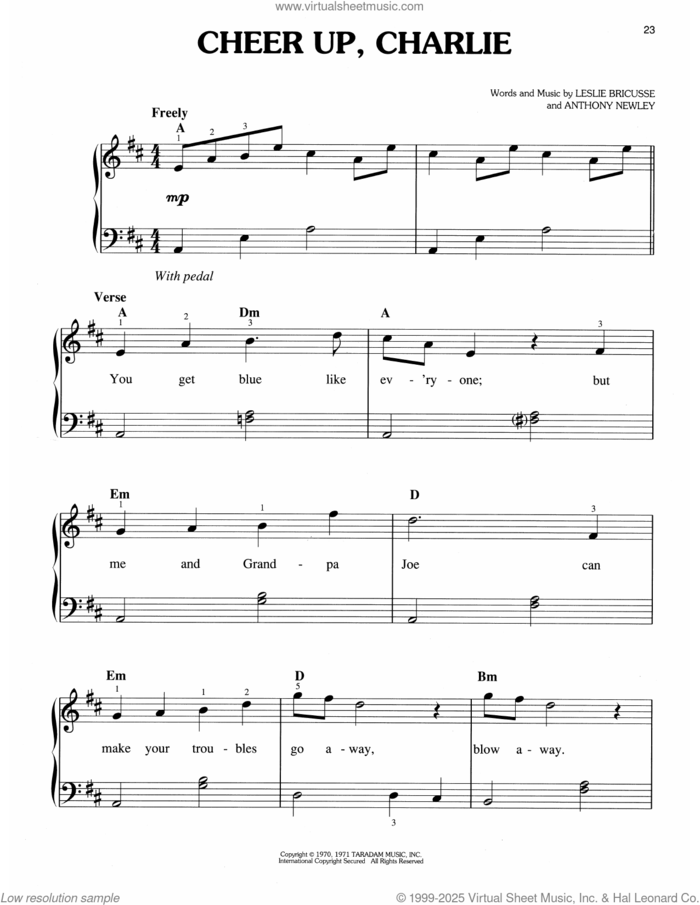 Cheer Up, Charlie (from Willy Wonka and The Chocolate Factory) sheet music for piano solo by Leslie Bricusse, Sam Holland, Anthony Newley and Leslie Bricusse & Anthony Newley, easy skill level