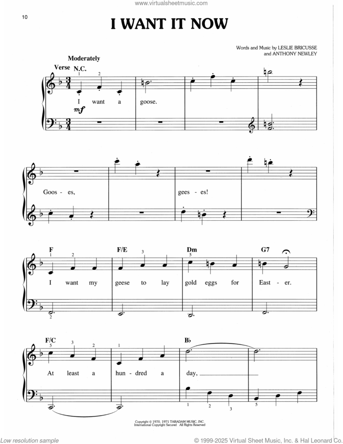 I Want It Now (from Willy Wonka and The Chocolate Factory) sheet music for piano solo by Leslie Bricusse, Sam Holland, Anthony Newley and Leslie Bricusse & Anthony Newley, easy skill level