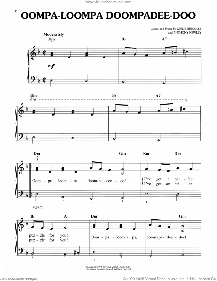Oompa-Loompa-Doompadee-Doo (from Willy Wonka and The Chocolate Factory) sheet music for piano solo by Leslie Bricusse, Sam Holland, Anthony Newley and Leslie Bricusse & Anthony Newley, easy skill level