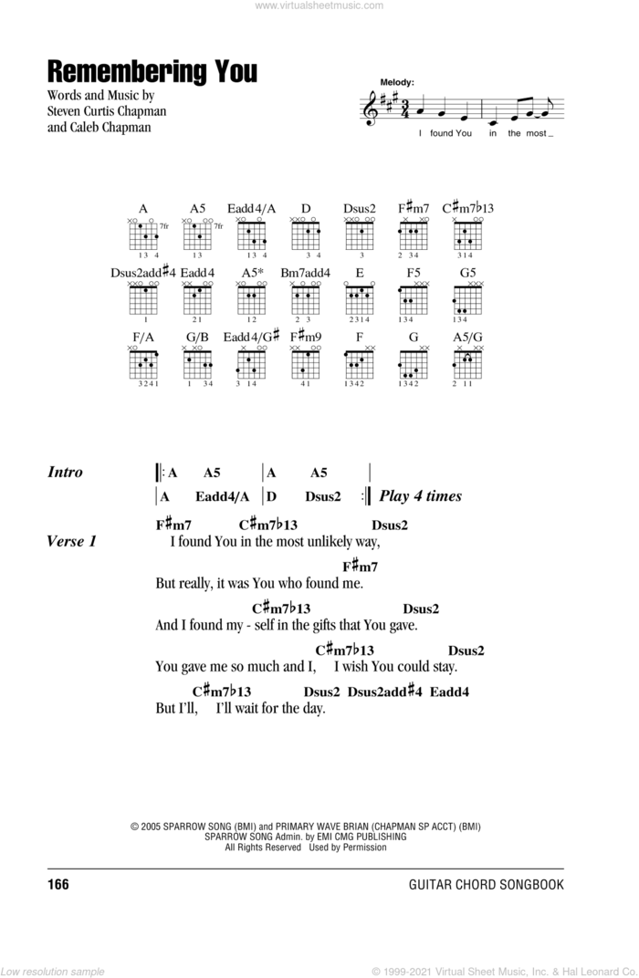 Remembering You sheet music for guitar (chords) by Steven Curtis Chapman and Caleb Chapman, intermediate skill level