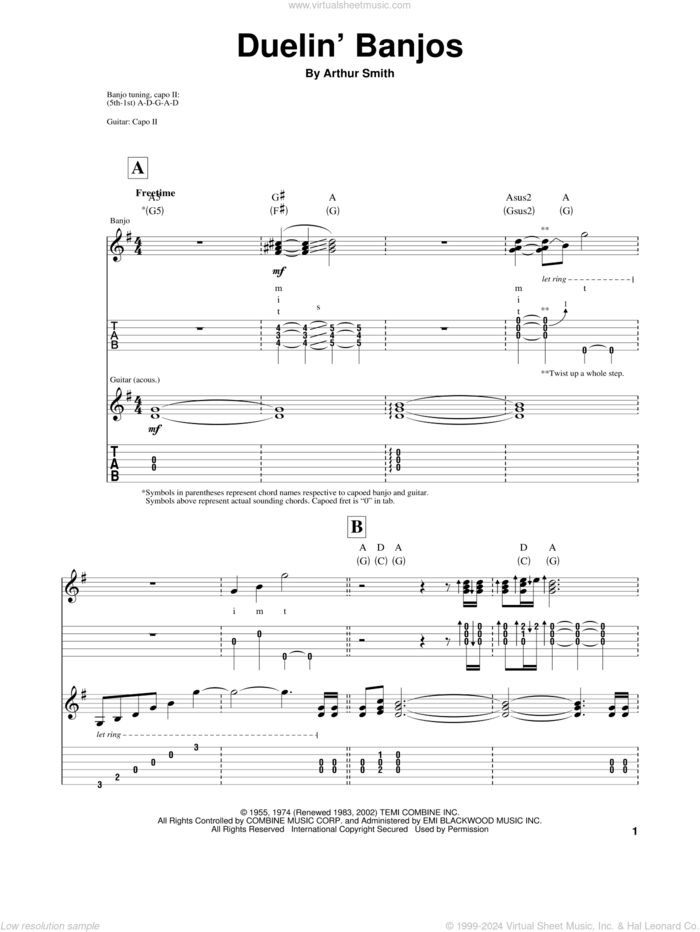 Duelin' Banjos sheet music for guitar (tablature) by Eric Weissberg & Steve Mandell and Arthur Smith, intermediate skill level