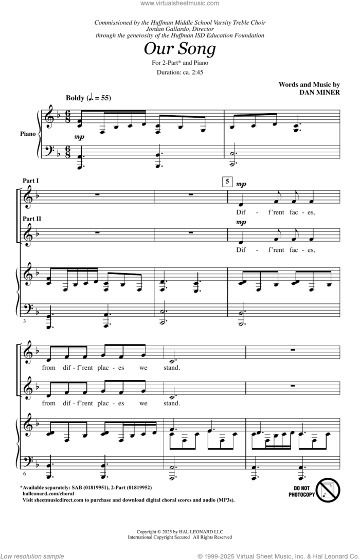 Our Song sheet music for choir (2-Part) by Dan Miner, intermediate duet