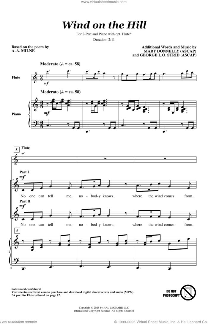 Wind On The Hill sheet music for choir (2-Part) by Mary Donnelly, A.A. Milne, George L.O. Strid and Mary Donnelly & George L.O. Strid, intermediate duet