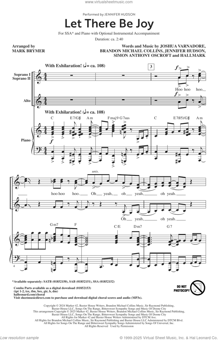 Let There Be Joy (arr. Mark Brymer) sheet music for choir (SSA: soprano, alto) by Jennifer Hudson, Mark Brymer, Brandon Michael Collins, Joshua Varnadore and Simon Anthony Oscroft, intermediate skill level