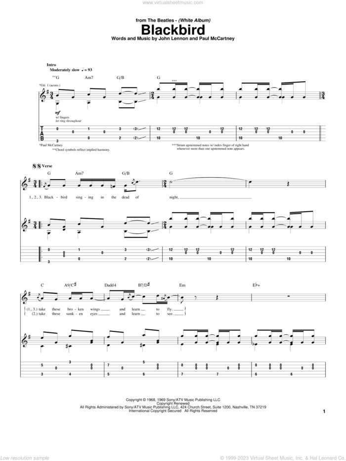 Blackbird sheet music for guitar (tablature) by The Beatles, John Lennon and Paul McCartney, intermediate skill level