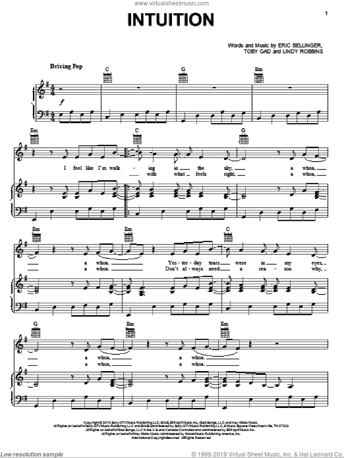 Intuition sheet music for voice, piano or guitar by Toby Gad, Selena Gomez, Eric Bellinger and Lindy Robbins, intermediate skill level