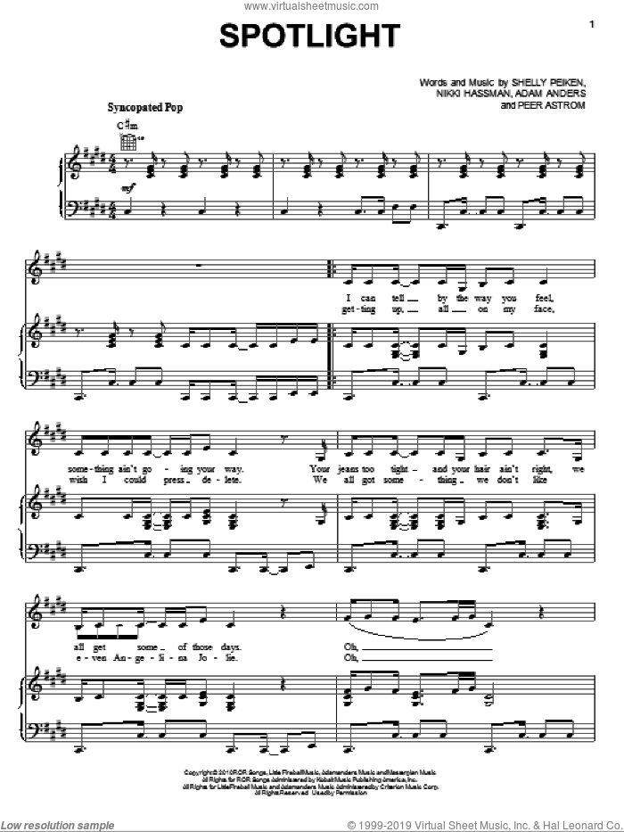 Spotlight sheet music for voice, piano or guitar by Peer Astrom, Selena Gomez, Adam Anders, Nikki Hassman and Shelly Peiken, intermediate skill level