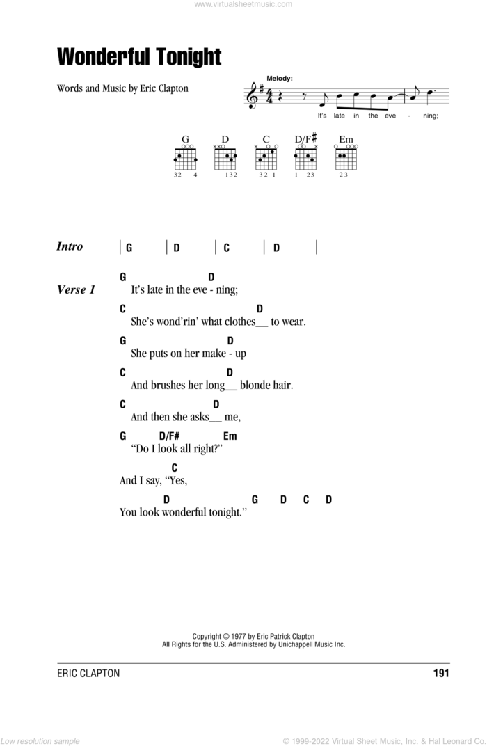 Wonderful Tonight sheet music for guitar (chords) by Eric Clapton, wedding score, intermediate skill level