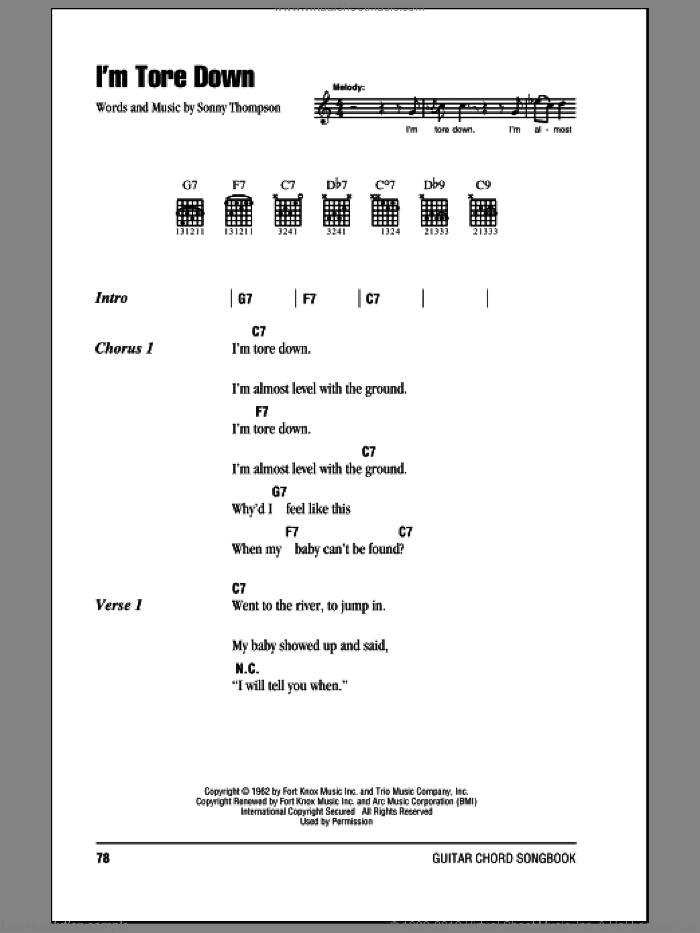 I'm Tore Down sheet music for guitar (chords) by Eric Clapton, Freddie King and Sonny Thompson, intermediate skill level