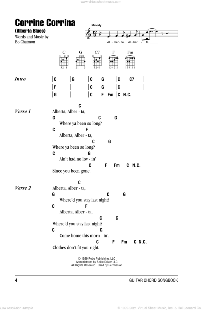 Alberta sheet music for guitar (chords) by Eric Clapton, Lead Belly and Huddie Ledbetter, intermediate skill level