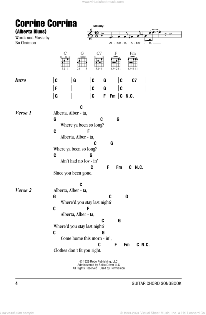 Alberta sheet music for guitar (chords) by Eric Clapton, Lead Belly and Huddie Ledbetter, intermediate skill level