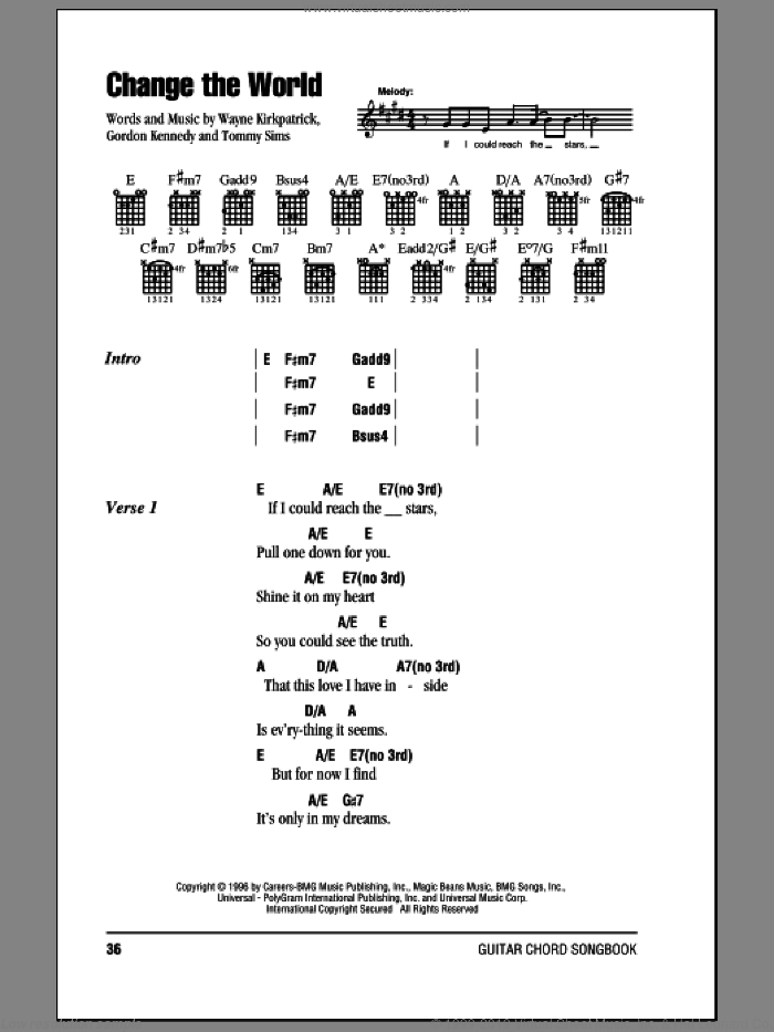 Change The World sheet music for guitar (chords) by Eric Clapton, Gordon Kennedy, Tommy Sims and Wayne Kirkpatrick, intermediate skill level