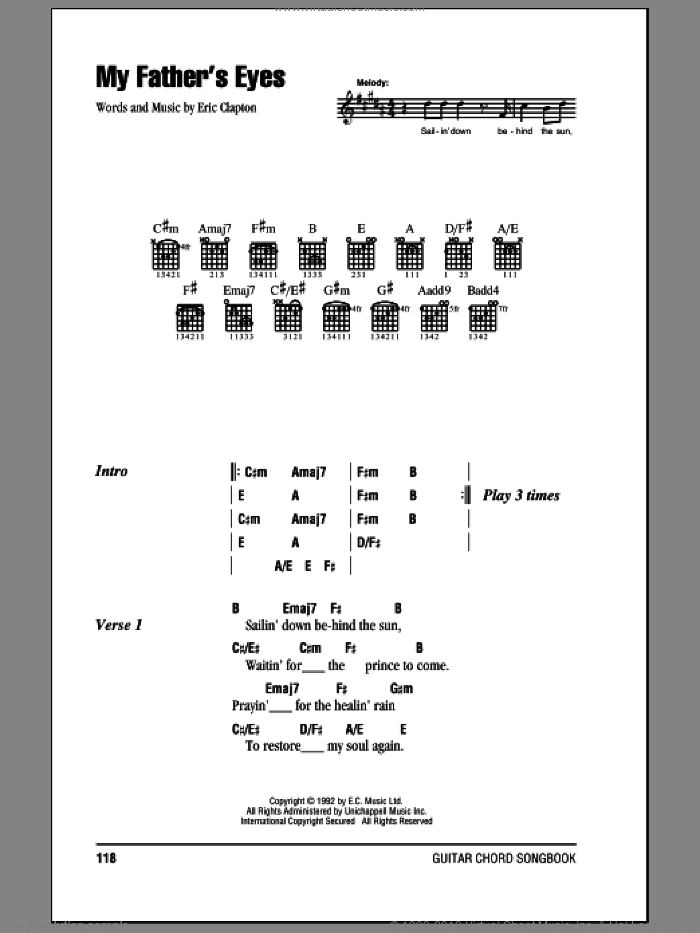 My Father's Eyes sheet music for guitar (chords) by Eric Clapton, intermediate skill level