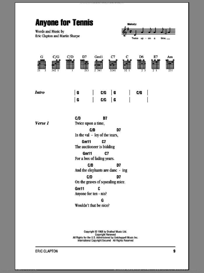 Anyone For Tennis sheet music for guitar (chords) by Cream, Eric Clapton and Martin Sharp, intermediate skill level