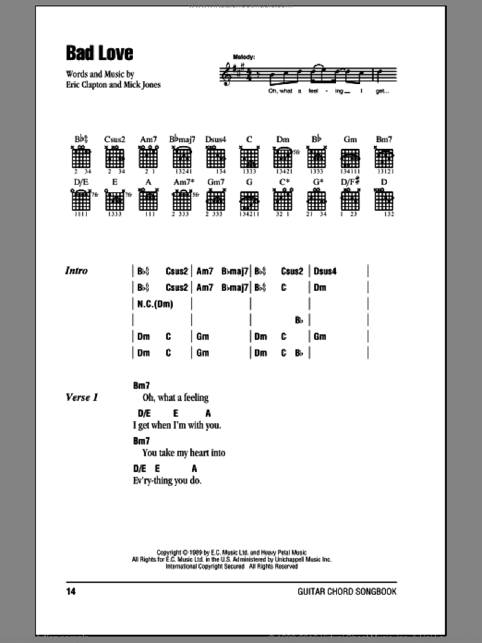 Bad Love sheet music for guitar (chords) by Eric Clapton and Mick Jones, intermediate skill level