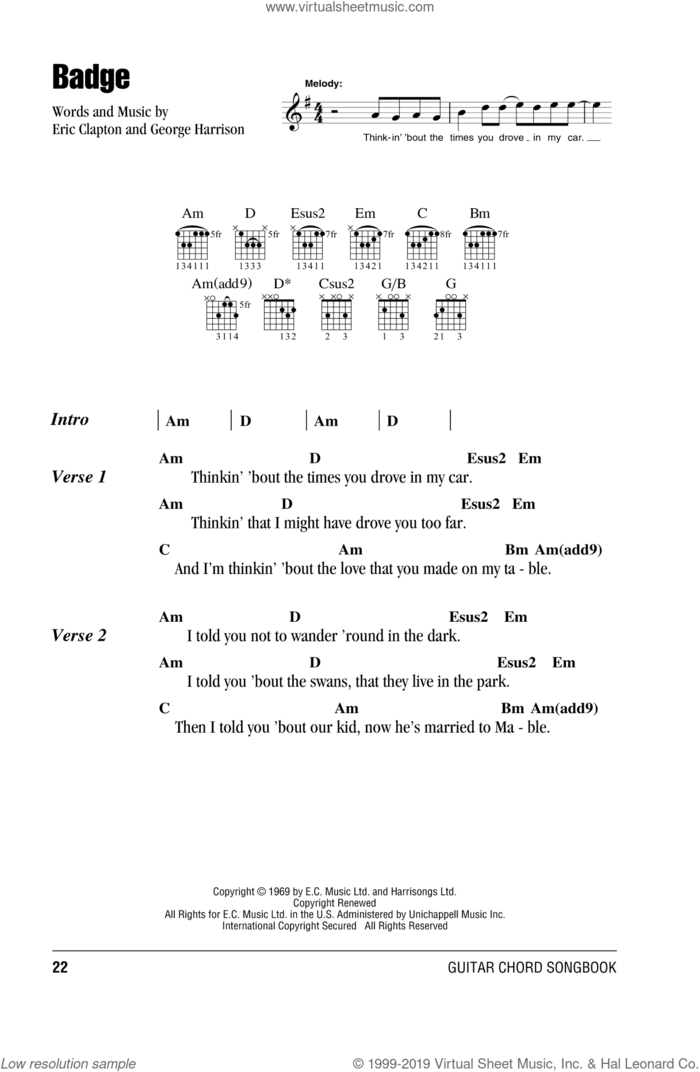 Badge sheet music for guitar (chords) by Cream, Eric Clapton and George Harrison, intermediate skill level
