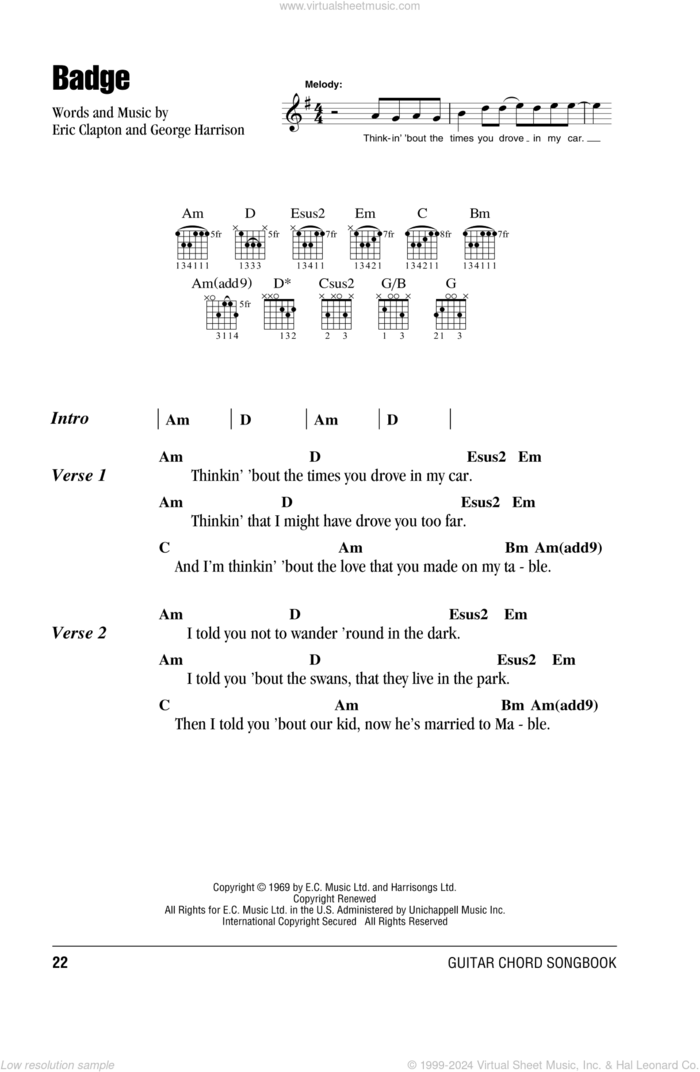 Badge sheet music for guitar (chords) by Cream, Eric Clapton and George Harrison, intermediate skill level