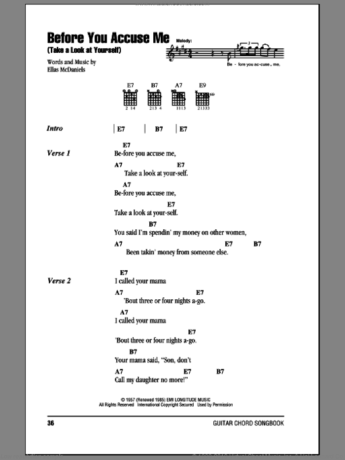 Before You Accuse Me (Take A Look At Yourself) sheet music for guitar (chords) by Eric Clapton and Ellas McDaniels, intermediate skill level