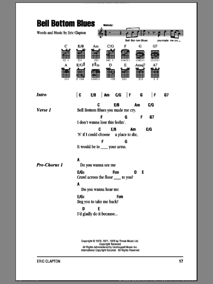 Bell Bottom Blues sheet music for guitar (chords) by Derek And The Dominos and Eric Clapton, intermediate skill level