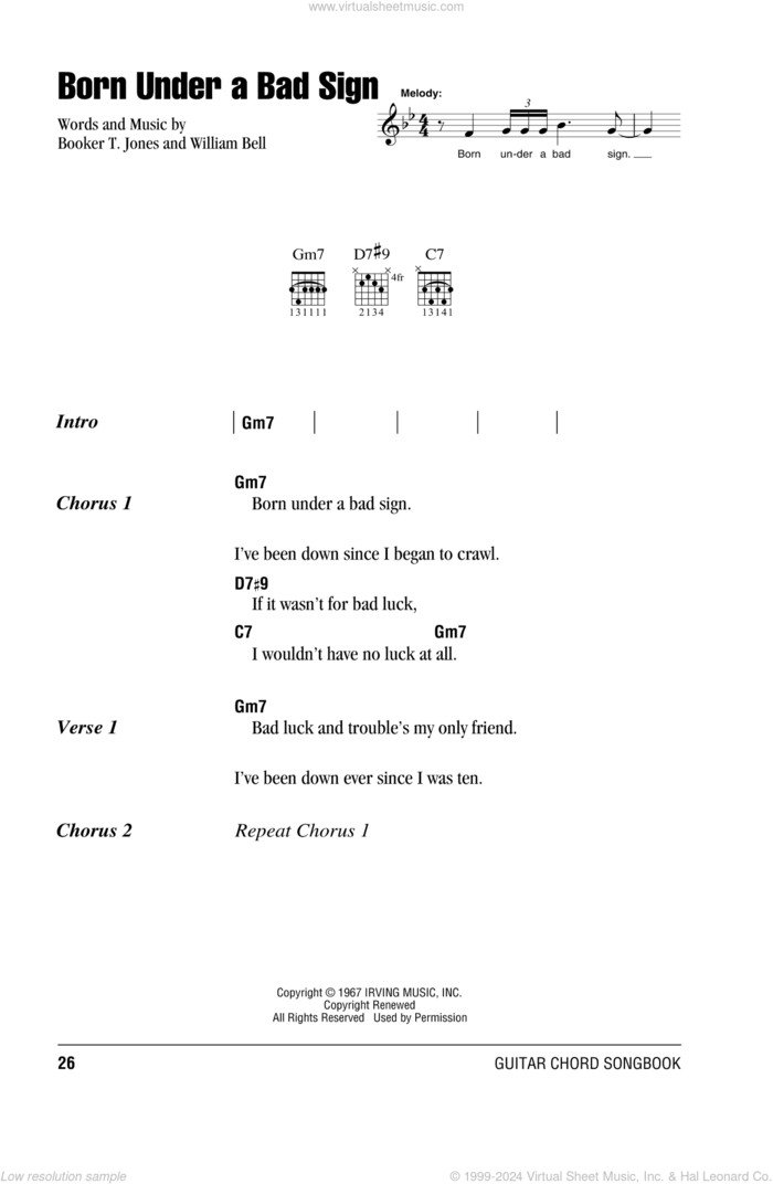 Born Under A Bad Sign sheet music for guitar (chords) by Eric Clapton, Albert King, Booker T. Jones and William Bell, intermediate skill level