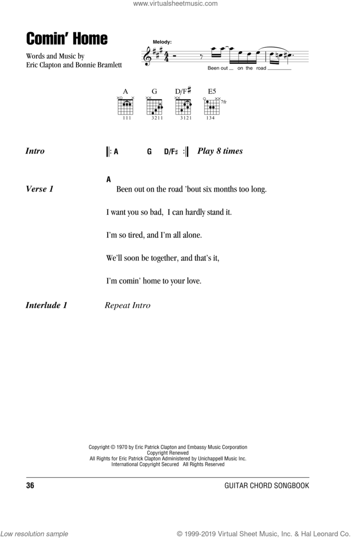 Comin' Home sheet music for guitar (chords) by Eric Clapton and Bonnie Bramlett, intermediate skill level