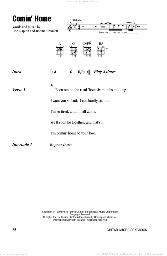 Comin' Home sheet music for guitar (chords) by Eric Clapton and Bonnie Bramlett, intermediate skill level