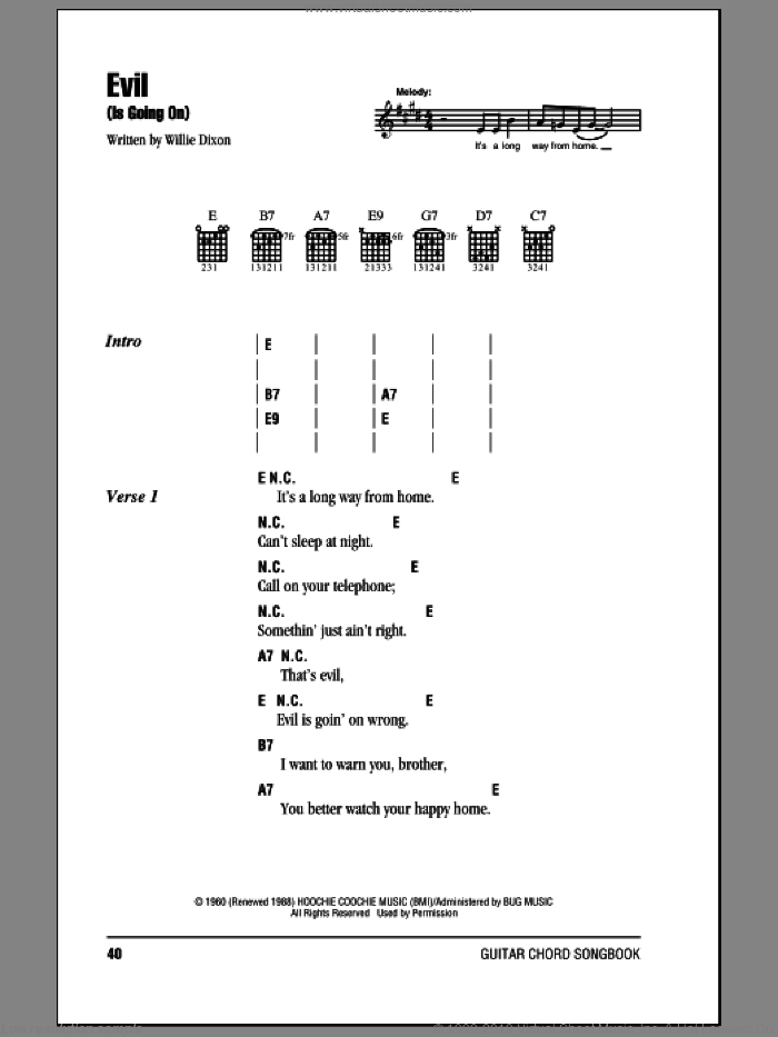 Evil (Is Going On) sheet music for guitar (chords) by Willie Dixon, Derek And The Dominos and Eric Clapton, intermediate skill level