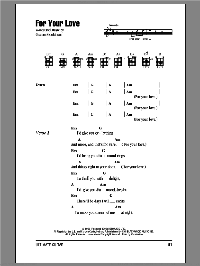 For Your Love sheet music for guitar (chords) by The Yardbirds, Eric Clapton and Graham Gouldman, intermediate skill level