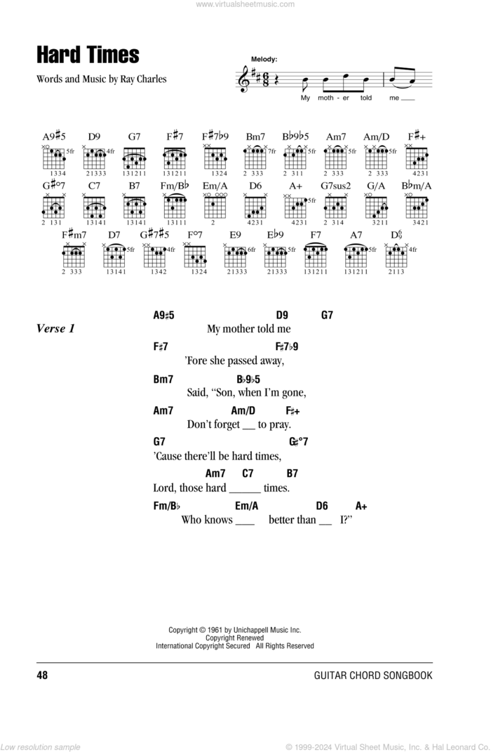 Hard Times sheet music for guitar (chords) by Eric Clapton and Ray Charles, intermediate skill level