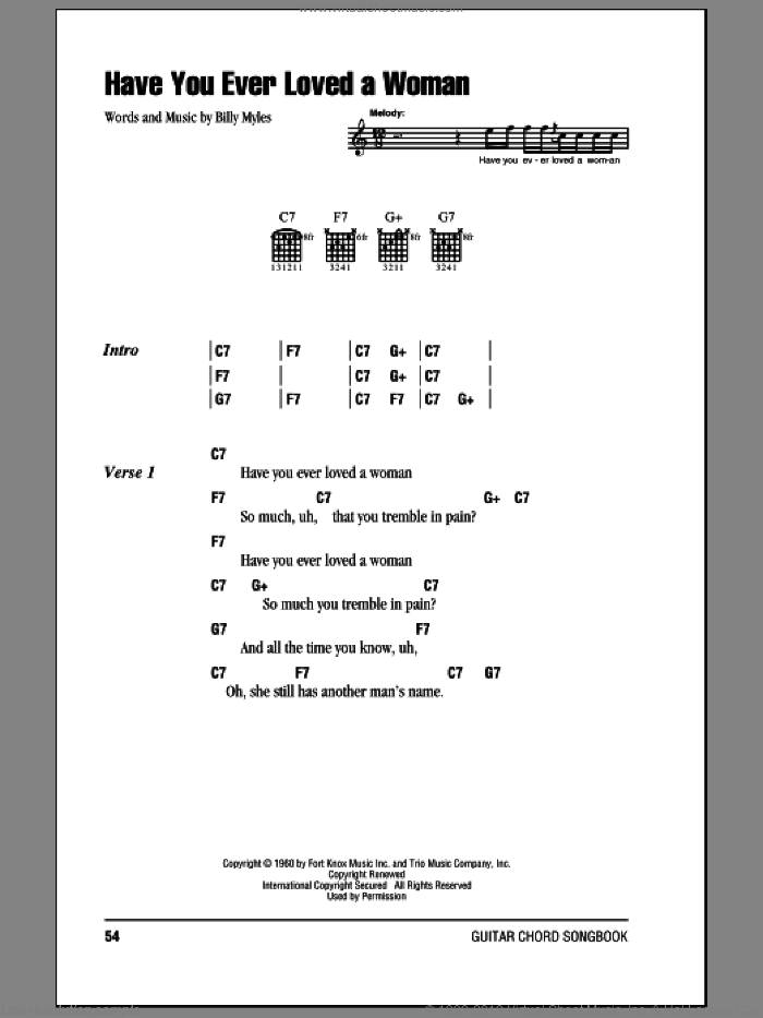 Have You Ever Loved A Woman sheet music for guitar (chords) by Eric Clapton and Billy Myles, intermediate skill level