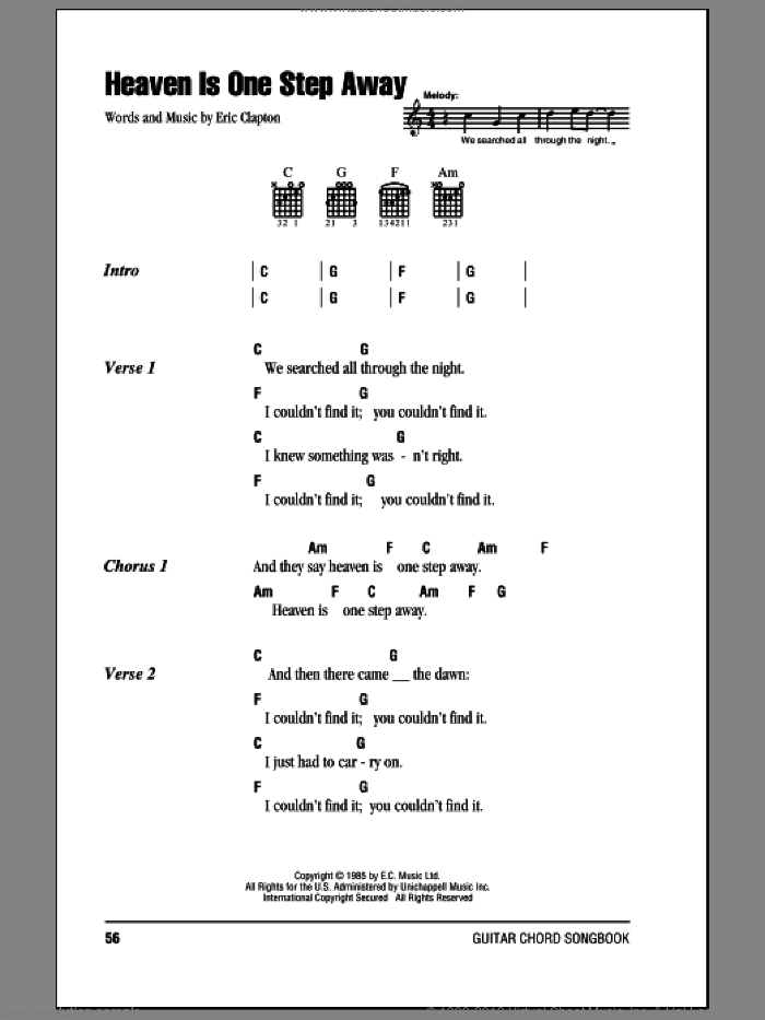 Heaven Is One Step Away sheet music for guitar (chords) by Eric Clapton, intermediate skill level