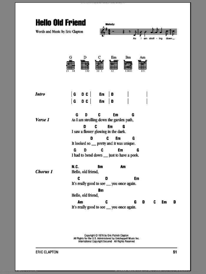 Hello Old Friend sheet music for guitar (chords) by Eric Clapton, intermediate skill level