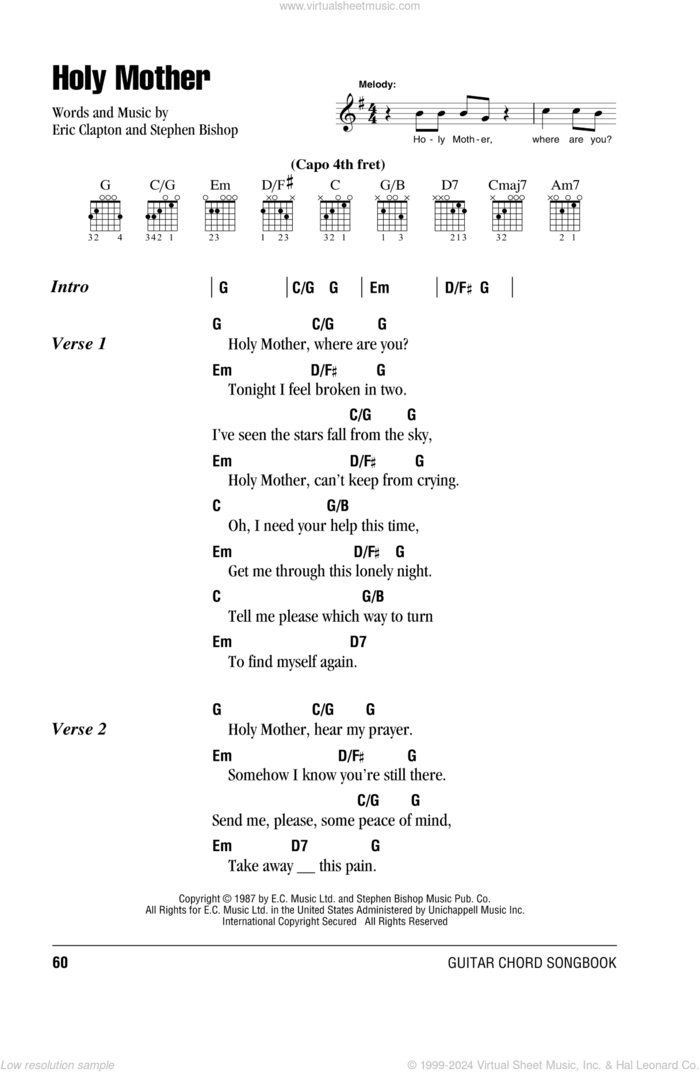 Holy Mother sheet music for guitar (chords) by Eric Clapton and Stephen Bishop, intermediate skill level