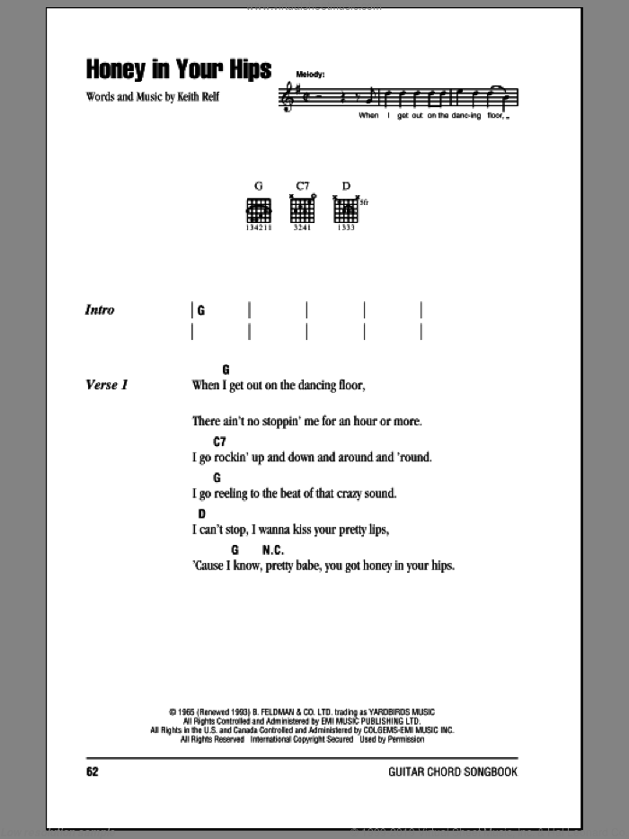 Honey In Your Hips sheet music for guitar (chords) by Eric Clapton and Keith Relf, intermediate skill level